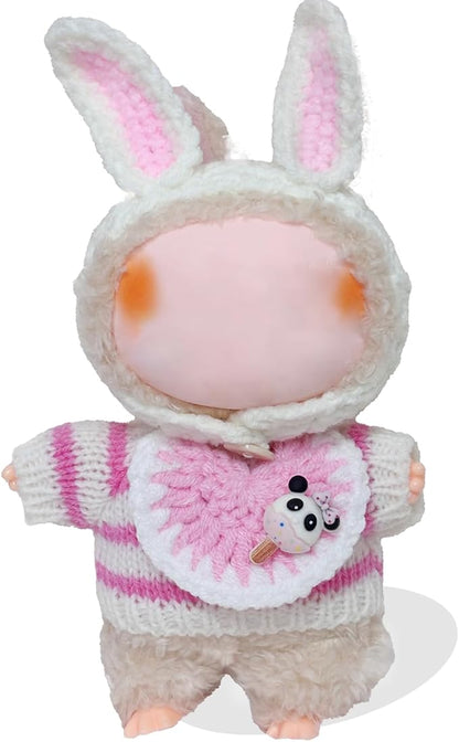 Clothes for Labubu 17cm Labubu Accessories Crochet 3 Piece Set Outfits for Labubu(Pink Rabbit)