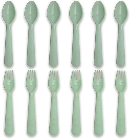 12 Pcs Kids Spoons and Forks Toddler Utensils Plastics Reusable Silverware Baby Cutlery Set Feeding Dinnerware Utensils BPA Free Microwave Dishwasher and Freezer Safe- Light Green