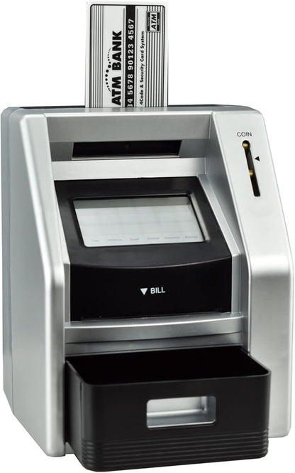 Touchscreen ATM Piggy Bank for Kids, Electronic Money Bank with Coin Counter, Card & Password, Backlit Display – Compact Savings Toy Gift for Boys & Girls Ages 6–12 (Black/Silver)