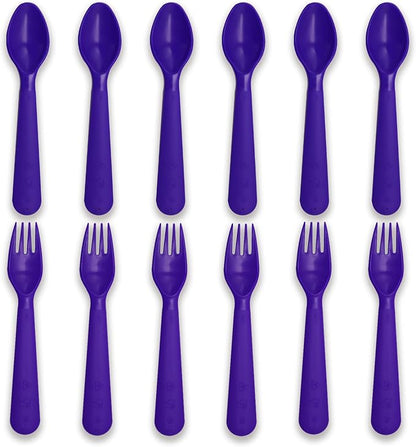 12 Pcs Kids Spoons and Forks Toddler Utensils Plastics Reusable Silverware Baby Cutlery Set Feeding Dinnerware Utensils BPA Free Microwave Dishwasher and Freezer Safe- Purple