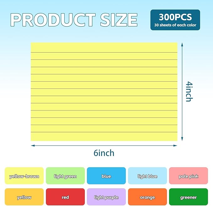 Tecmisse Colored Index Cards 4x6, 300 Pack, 10 Colors Ruled Note Cards, Flash Cards for Studying, Heavy Notecards for Office and School, One Side Lined, One Side Blank