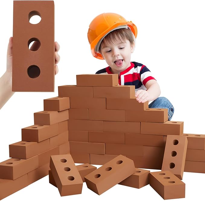 Deekin 20 Pcs Foam Brick Building Blocks for Kids Thick Blocks Foam Large Fake Brick Construction Toy for Stacking Construction, 8 x 4 x 2.4 in (Circle Holes)
