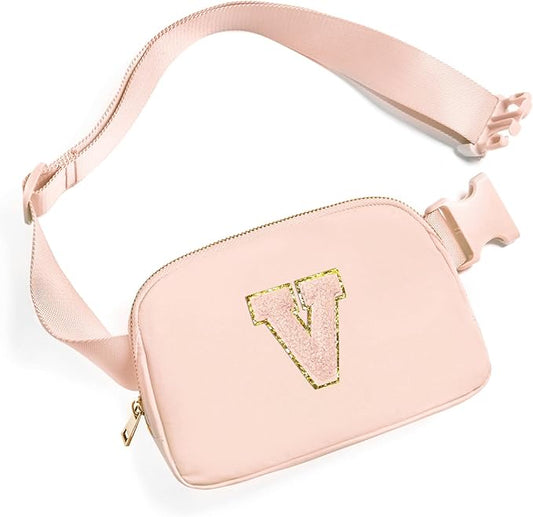 Gitus Gifts for 8 9 10 11 12 Year Old Girls Belt Bag Fanny Pack Crossbody Bags with Initial Letter Patch Cute Stuff Birthday Gifts for Teen Girls Women Personalized Trend Stuff (Coral Pink-V)