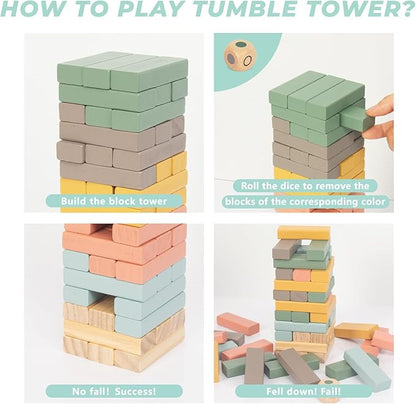 Wooden Blocks Stacking Games, 48PCS Tumbling Stacking Blocks Game for Kids and Families, Wood Colorful Balancing Blocks Montessori Toys for Kids