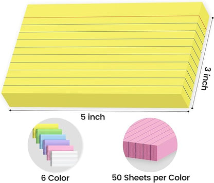 300 Count Index Cards 3x5 Inch Colored - 180gsm Heavyweight Flash Card (50 Sheets Each), Durable & Portable Note Taking for Students, Teachers, Study Flashcards for School Office Home