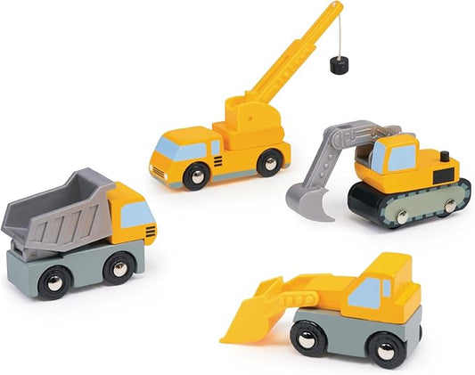 Mentari Toys - Building Vehicles - 4pc Wooden Construction Vehicles with Interactive, Moving Parts - Toy Truck Set for Action-Packed Imaginative Play - Develop Motor Skills and Coordination - Age 3+