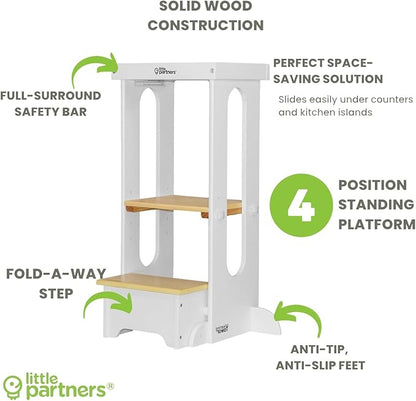 Little Partners Foldable Toddler Tower, Learning Tower Explore 'N Store Montessori Standing Kitchen Tower with Folding Step Stool Platform for Cooking and Learning, Ages 2+ (White w/Natural)