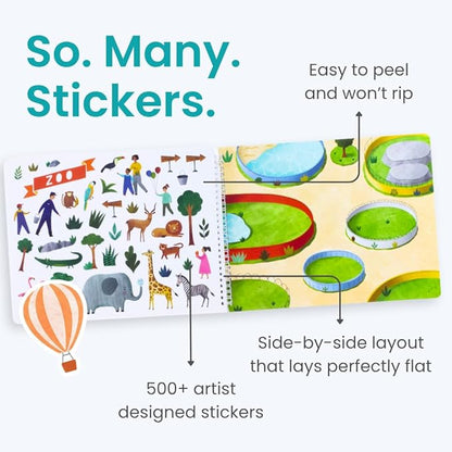 CUPKIN Sticker Book for Kids 2-4, 500+ Kids Stickers, All Around Town 12 Coloring Pages, 12 Side by Side Scenes, Fun Toddler Travel Activity Coloring and Sticker Books for Ages 4-8 + 8-10