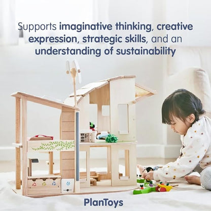PlanToys Green Wooden Dollhouse with Furniture - Chemical-Free Green Toy Featuring 18 Wooden Furtniture Set