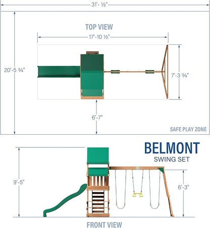 Backyard Discovery Belmont Cedar Wood Swing Set with Wave Slide, Play Deck, Rock Wall Ladder, Snack Bar Window, Shaded Picnic Area, Bench, Belt Swings, Trapeze, Sandbox Area, Canopy, Outdoor Playset