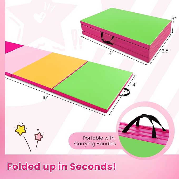 Giantex 4'x10'x 2" Gymnastics Mat, 4-Panel Folding Aerobics Exercise Mat w/Hook & Loop Fastener, Carrying Handle, Portable Tumbling Mat for Stretching Yoga Cheerleading Martial Arts
