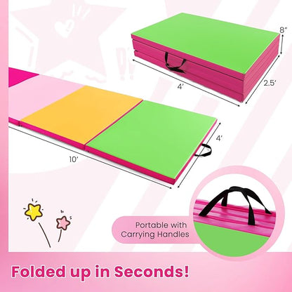 Giantex 4'x10'x 2" Gymnastics Mat, 4-Panel Folding Aerobics Exercise Mat w/Hook & Loop Fastener, Carrying Handle, Portable Tumbling Mat for Stretching Yoga Cheerleading Martial Arts