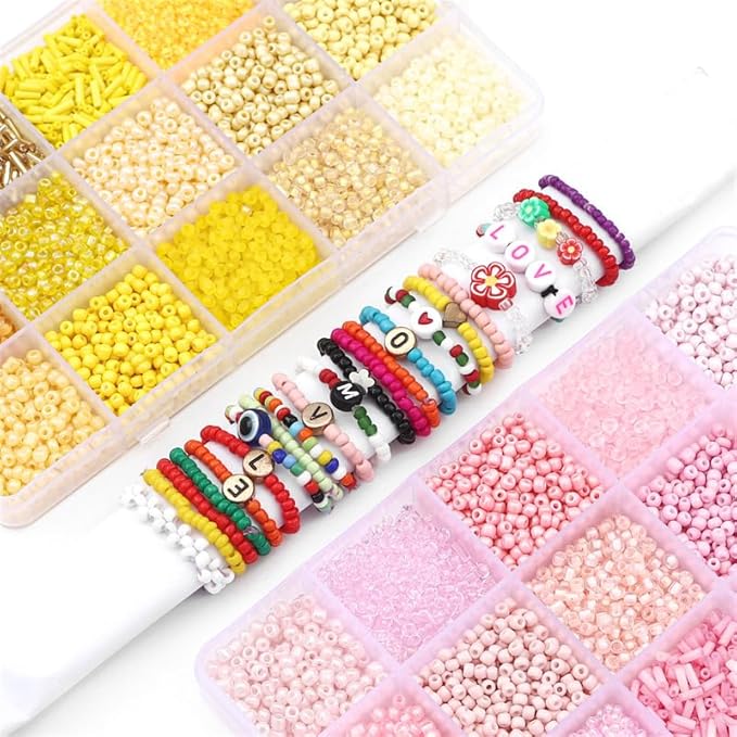15 Color 4mm Small Assorted Glass Seed Beads,3mm Bugle Beads Friendship Bracelet Kit,2mm Tiny Tube Bead for Jewelry Making(Pink)