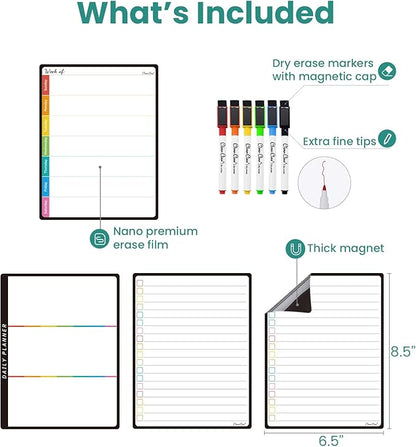 Magnetic Dry Erase List Board - 6.5"x8.5" Weekly, Daily, 2 List Boards for Fridge - 6 Extra Fine Point Markers Included - Shipped Flat