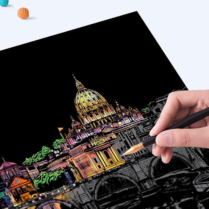 Rainbow Scratch Art Painting Paper (A4) for Adults & Kids, DIY Night View Scratchboard, Engraving Art Set: 4 Sheets Scratch Cards & Clean Brush, Drawing Pen (Tower Bridge/Italy/Prague/Brazil)