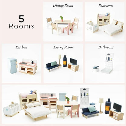 Le Toy Van - Wooden Dolls House Full Starter Furniture & Accessories Play Set for Dolls Houses | Girls or Boys Dolls House Furniture Sets - Suitable for Ages 3+