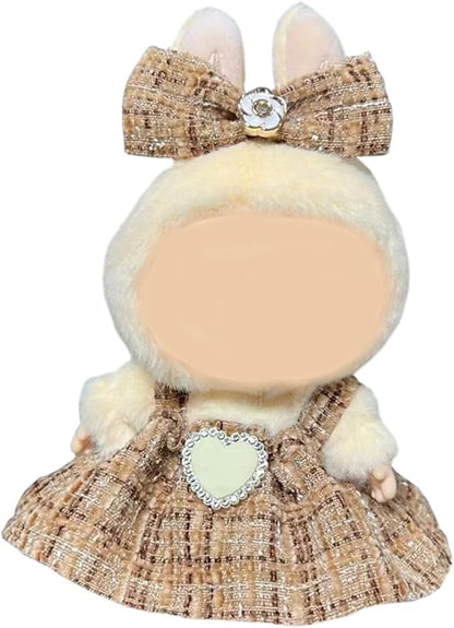 17cm Doll Clothes - Luxury Chic Style Set for 5.91-6.7“ (15-17cm) Dolls, Cute Premium Fashion Doll Outfit with Accessories -Light Brown Plaid Tweed Dress +Plaid Bow