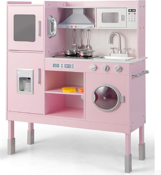 INFANS Kid Kitchen Playset, Toddler Wooden Pretend Cooking Set with Realistic Light & Sound, Stove, Sink, Microwave, Storage Cabinet, Play Kitchen Toy Set for Children Boys Girls