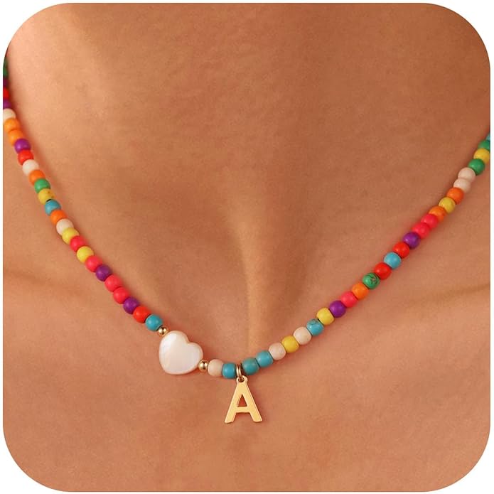 Ursteel Colorful Initial Cute Necklaces for Girls - Trendy Beaded Choker Necklace for Women Teen Girl, Personalized Letter Initial Gifts for Women Kids Jewelry