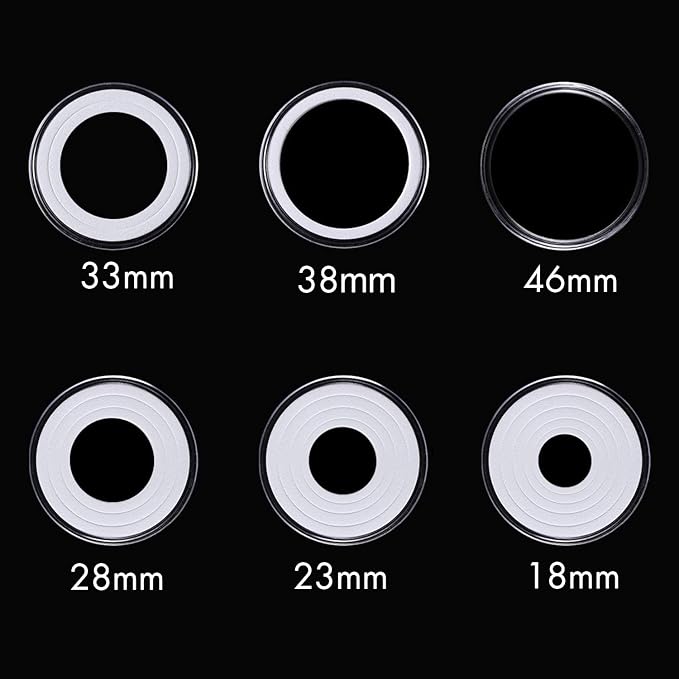 50pcs Clear Plastic Coin Capsules, Coin Collection Case of 5 Size with Adjustable Gasket for Coin Collection American Silver Eagle Liberty Coin &JFK Half Dollar & Bitcoin (18/23/28/33/38mm)-50pcs