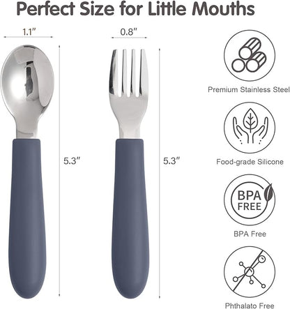 6 Pack Toddler Utensils, Kids Silverware Set with Silicone Handle, Children Safe Forks and Spoons, 18/8 Stainless Steel, Food Grade Silicone Feeding Supplies, Dishwasher Safe