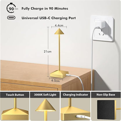 3 Pack 8.26in Gold Small Cordless Table Lamps Rechargeable, Battery Operated Mini Lamp, Small Lamp Touch Portable Table Lights, LED Night Light for Bedside/Dining/Bar/Outdoor (Gold-A)
