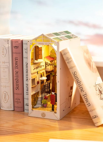 ROBOTIME Book Nook Kit DIY Miniature Dollhouse Booknook Kit 3D Wooden Puzzle Bookend Bookshelf Insert Decor with LED Light for Teens and Adults (Sunshine Town)