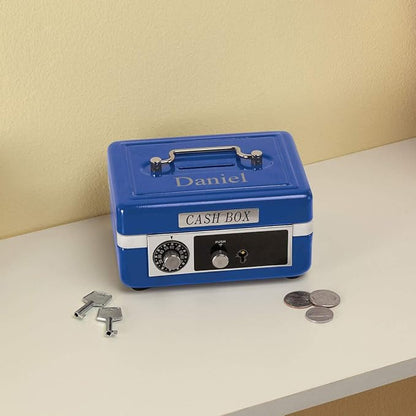 Custom Children’s Cash Box, Metal Piggy Bank Lockbox with Coin Slot, Blue