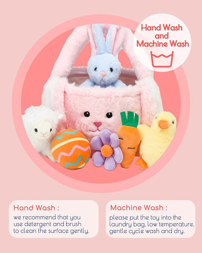 7 Piece Plush Stuffed Animals Playset Toys with Rabbit, Chick, Lamb, Carrot, Egg, Flower, Furry Bag, Soft Basket Set Toys for Girls Kids Ages 3+, Birthday Christmas Valentines Easter Party Favors
