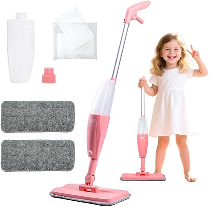 Kids Spray Mop, Pink Mini Mop Set with 2 Microfiber Washable Pads and 10 Disposable Dry Dusting Cloths, Dust Mop for Floor Cleaning, Small Mop for Toddlers Gift