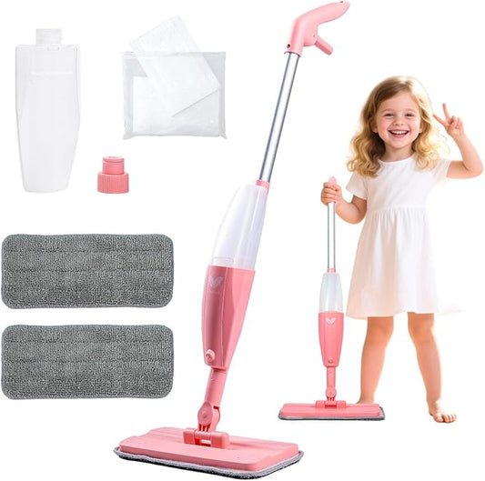 Kids Spray Mop, Pink Mini Mop Set with 2 Microfiber Washable Pads and 10 Disposable Dry Dusting Cloths, Dust Mop for Floor Cleaning, Small Mop for Toddlers Gift