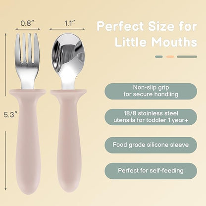 Toddler Spoons and Forks Set, 6 Pack Kids Silverware with Silicone Handle, BPA Free, 18/8 Stainless Steel Children Safe Toddler Utensils, Dishwasher Safe