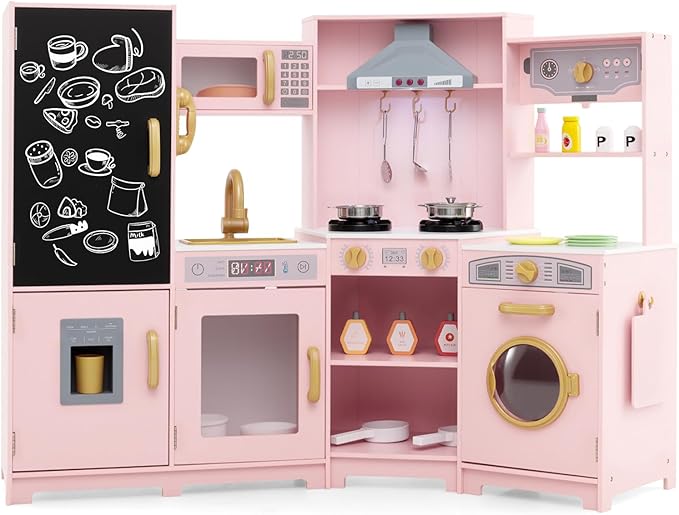 HONEY JOY Corner Play Kitchen, Large Wooden Pretend Toy Kitchen Set w/Lights, Ice & Coffee Maker, Range Hood, Chalkboard, Microwave, Cookware, Little Chef Kids Kitchen Playset for Toddlers (Pink)