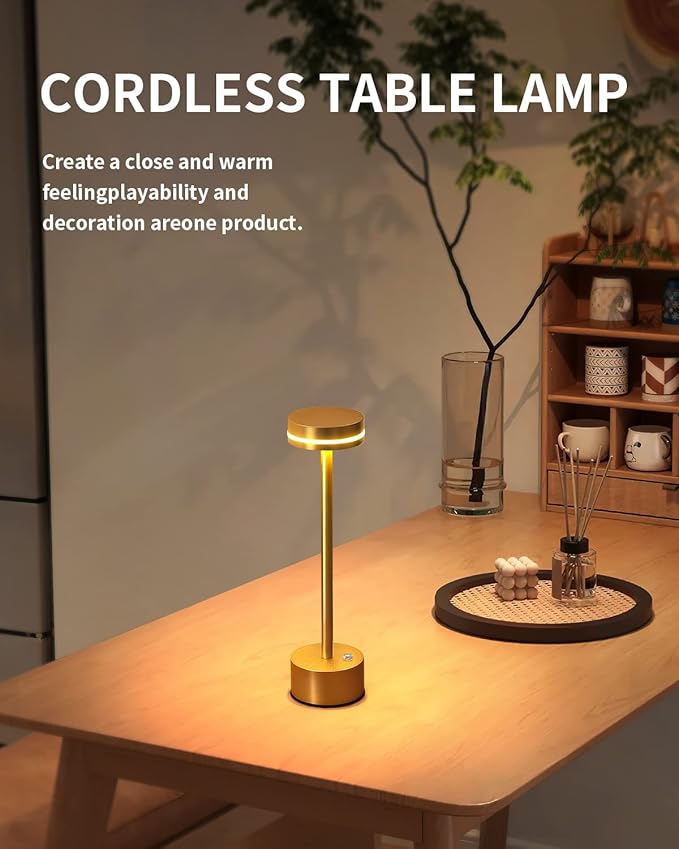 PUSU Cordless Table Lamp Set of 2, Battery Powered LED Desk Lamp Portable Table Lights 3-Level Brightness Touch Control, Lighting for Home Office Bedroom Hotel Restaurant Outdoor Night Light(Gold)
