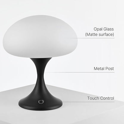 Mushroom Lamp, 5W LED Cordless Rechargeable Table Lamp with Glass Shade, Small Retro Dimmable Touch Light with 3 Color Temps, Aesthetic Mid Century Bedside Light for Bedroom Ambient, Black