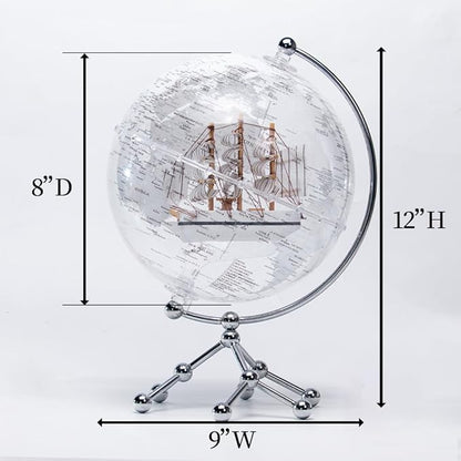 White Earth Globe (Diam. 20 cm/7.9 inches), Desktop Night Light, World Map, Sailboat, Warm White Light