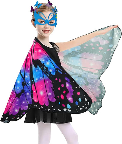 Butterfly Costume for Girls Fairy Wings Kids 4 Pcs(Cape,Skirts,Masks,Hair Clips) Butterfly Wings for Halloween Gifts