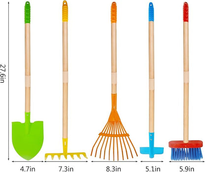 Kids Garden Tools, Outdoor Toys, Shovel for Digging Sand, Kid-Sized Rake, 5PCS 27.6 Inch Long Gardening Tools for Boys Girls Age 3 and up Gifts