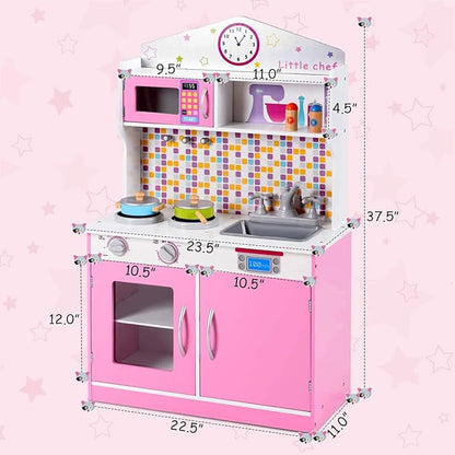GLACER Kids Kitchen Playset, Wooden Pretend Cooking Set w/Removable Sink, Food & Cookware Accessories, Top Display Shelf, Play Kitchen Toy Set, Realistic Cooking for Toddlers (Pink)