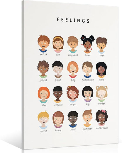 uoyien Feelings Chart And Emotions Poster For kids Mental Health Awareness Canvas Wall Art Special Emotions Faces Calm Corner Prints Classroom Social Worker Office Decor 16x22in Wood Framed