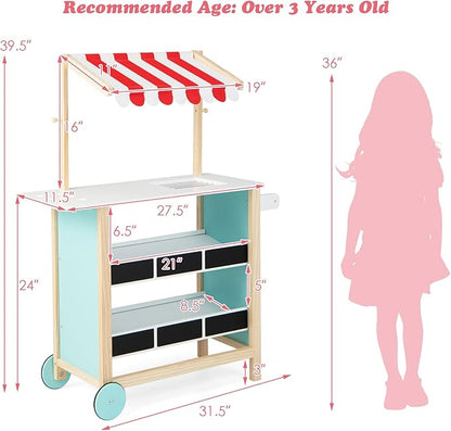 HONEY JOY Kids Ice Cream Cart, Wooden Grocery Store Playset w/6 Pieces Play Food, Realistic Bell & Food Scale, Chalkboard, Pretend Play Dessert Shop Counter Stand Truck, Gift for Boys Girls
