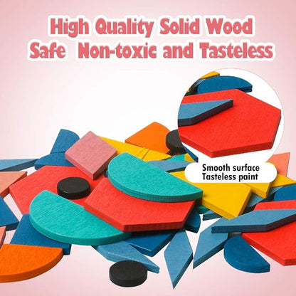 USATDD 180 Pcs Wooden Tangrams Pattern Blocks Set Geometric Manipulative Shape Puzzle Kindergarten Classic Educational Montessori Toys for Kids Toddlers Ages 4-8 with 24 Pcs Flash Cards