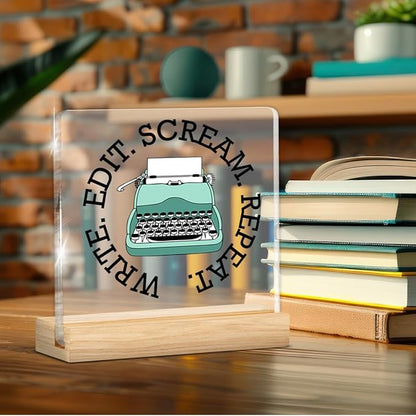 Writer Gifts for Men Women, Funny Gifts for Writers Editors Typewriter Authors Novelist, Acrylic Plaque Sign with Wooden Stand Home Office Decor