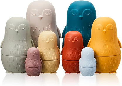 Chivao 8 Pieces Russian Nesting Dolls Silicone Matryoshka Doll Educational Stacking Nesting Dolls for Toddlers Vivid Food Grade Baby Teether for Kids, Gift for Kids(Penguin)