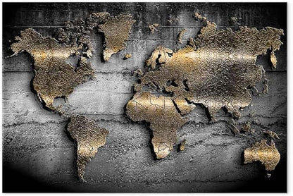 artgeist Canvas Wall Art Print World map 35x24 in - 1pcs Home Decor Framed Stretched Picture Photo Painting Artwork Image Prints map Continents Modern Art Black Gold Abstract k-A-0498-b-a