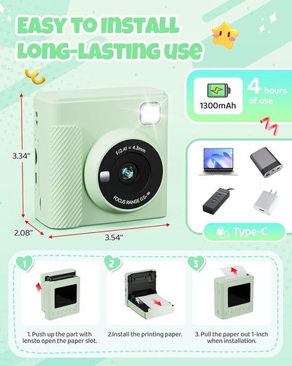 Kids Instant Print Camera, Christmas Birthday Gifts for Girls and Boys, 1080P HD Video Digital Kids Camera with Print Paper & 32G Card, Toddler Toy for 3-14 Years Old (Green)