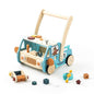 Wooden Baby Walker Adjustable Height with Tool Bench and Toy Storage Wagon - Multifunctional Toddler Push Walker Ergonomically Designed for Natural Walking - 3+ Years of Continuous Use