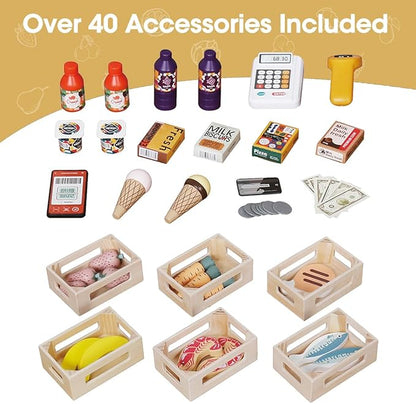 Kids Grocery Store Playset,Pretend Play Store Toy & Wooden Supermarket Shopping Cart with Toy Cash Register, Play Money&Blackboard;26PCS Food Toys Shop for 3+ year old boys girls toddler baby
