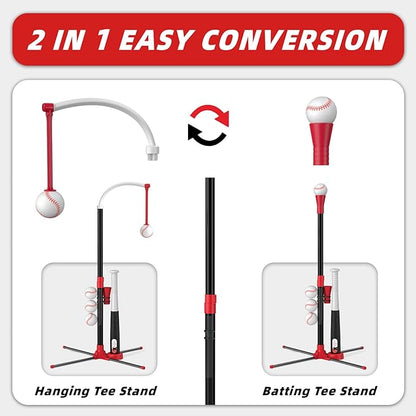 3-in-1 T Ball Set - Adjustable Height, Hanging Tee Ball Set with Automatic Pitching Machine/6 Balls/Retractable Bat, TBall Stand Suit for Outdoor, Sport Toys Gifts for Kids Boys Age 3+