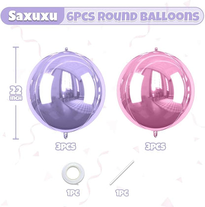 Pink Purple Giant 4D Foil Balloons, 6 Pcs Large Metallic Pink and Purple Round Balloons, 22 Inch Big Round Foil Balloon for Wedding Prom Birthday Party Baby Shower Decorations